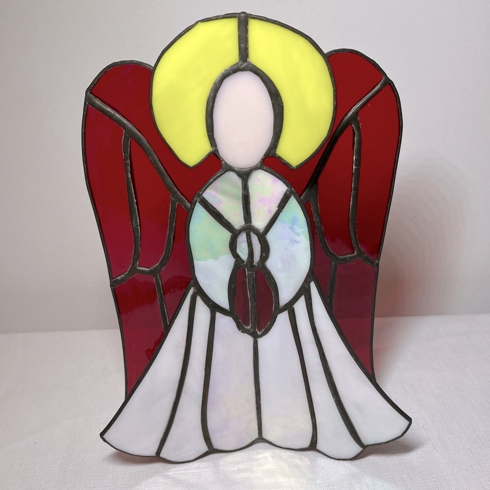 Stained Glass Angel Red and Yellow. 11.5” tall. Stunning vibrant free-standing